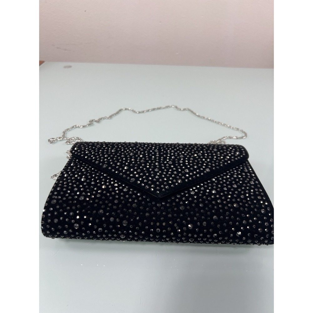 Vintage 80s Black Velvet Rhinestone Clutch Silver Chain Evening Bag‎